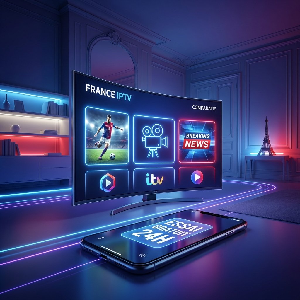 Illustration IPTV France avec TV, Tour Eiffel et smartphone Essai Gratuit 24H